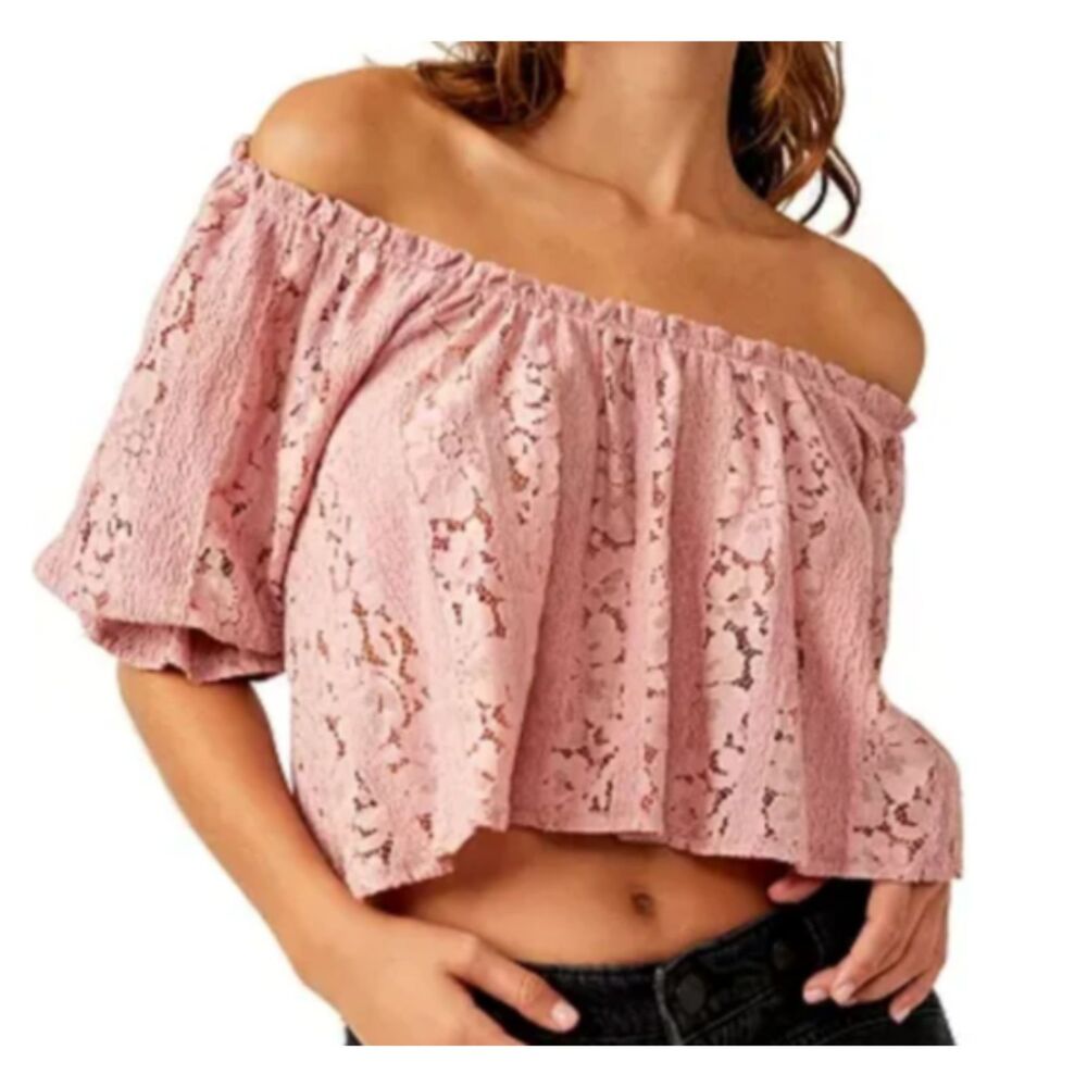 Free People Pink Lace Off Shoulder Crop Top XS